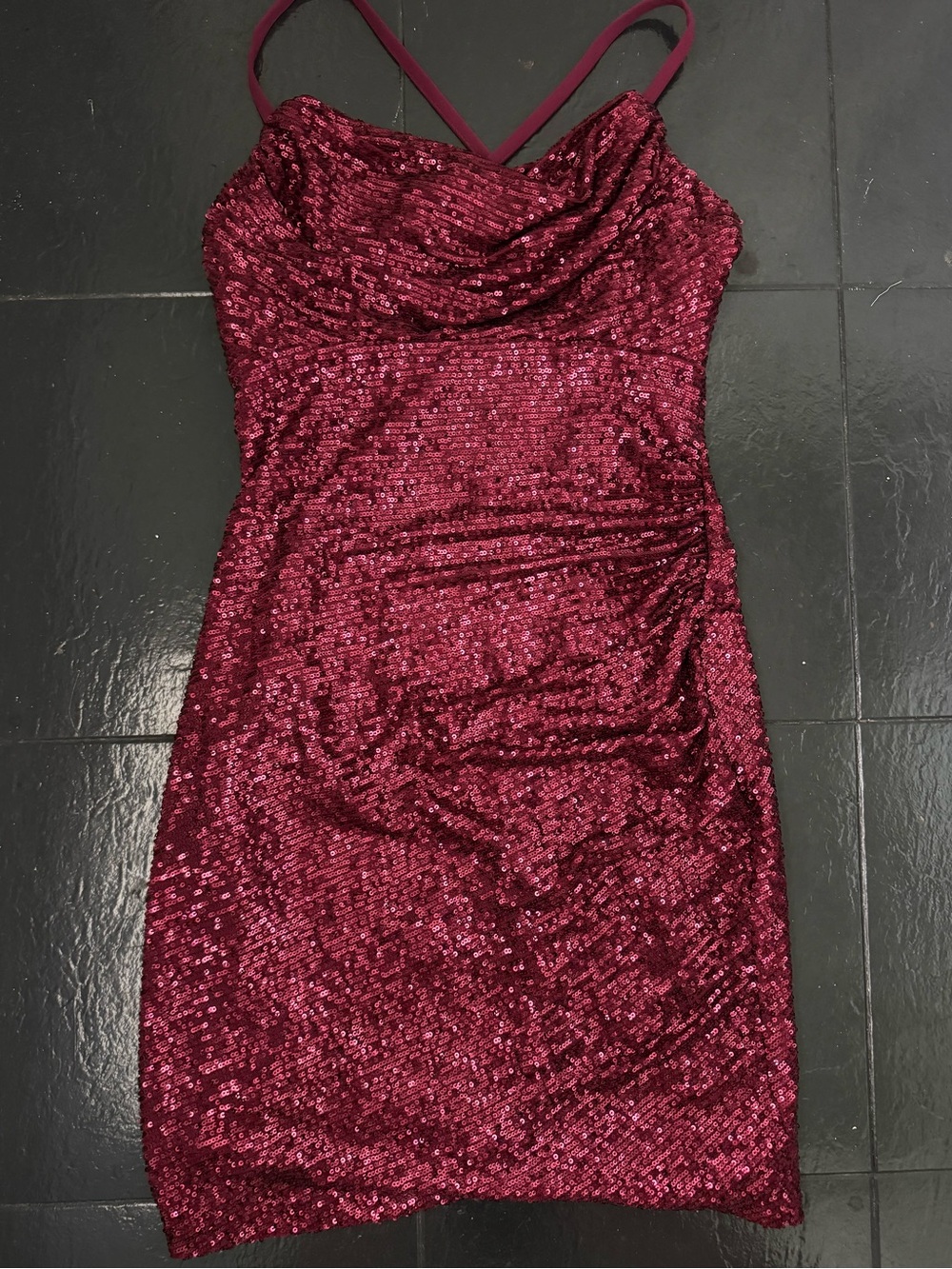 Burgundy Sequin Cowl-Neck Mini Dress Night Way Collections
